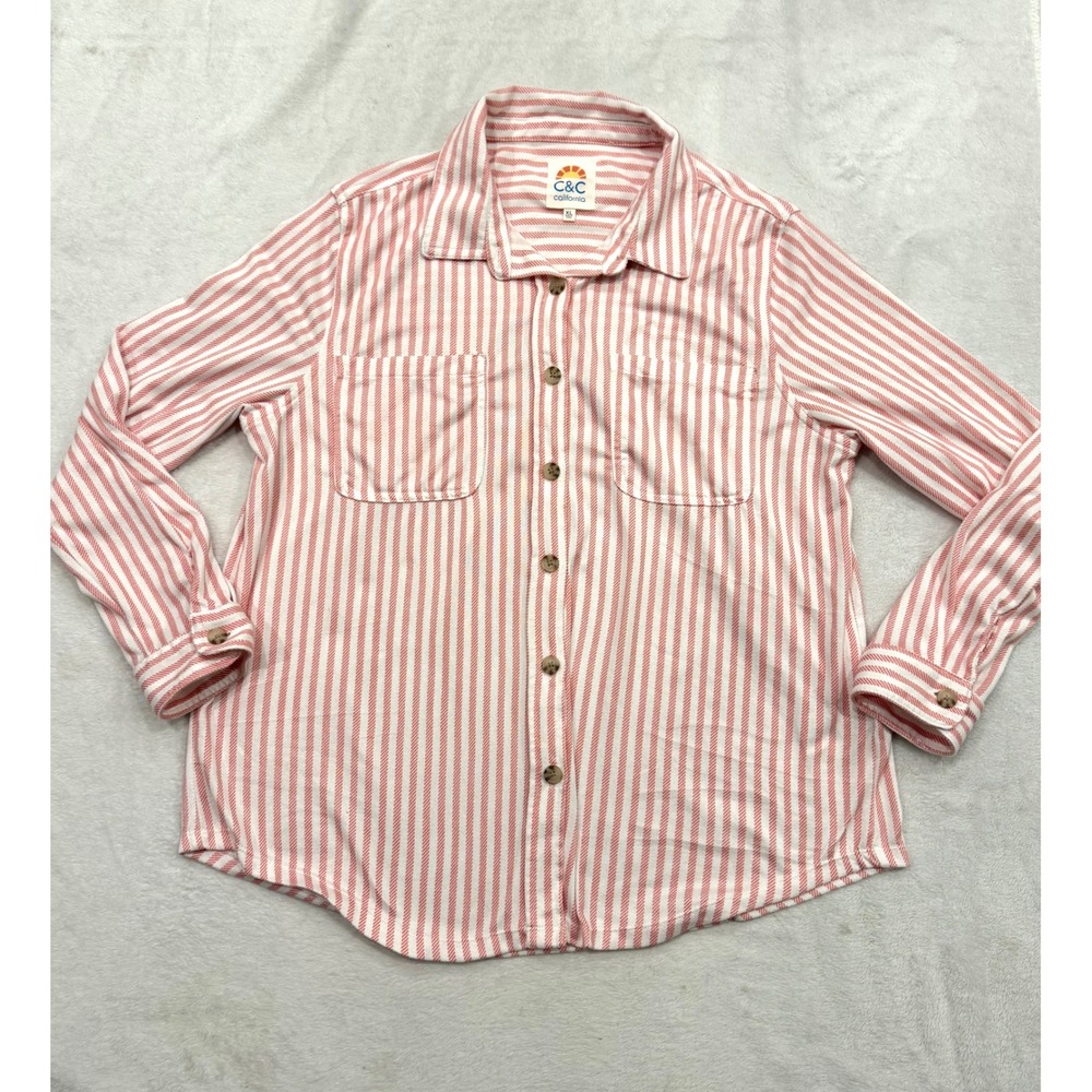 C&C California Womens XL Pink White Striped Button Down Soft Knit Shirt Pockets